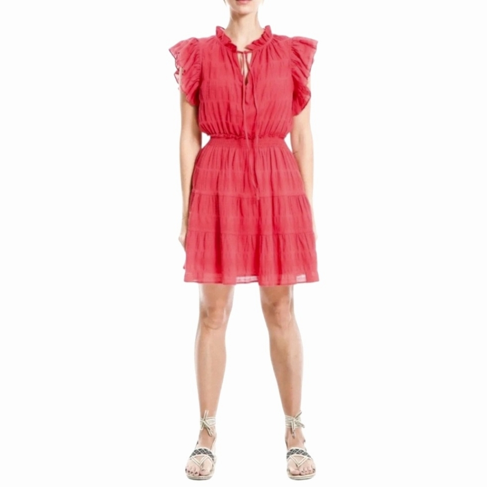 Max Studio Coral Mini Dress Medium Red Orange Sleeveless Cotton Tiered Ruffle